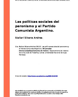 Las Políticas Sociales Del Peronismo Y El Partido Comunista Argentino
